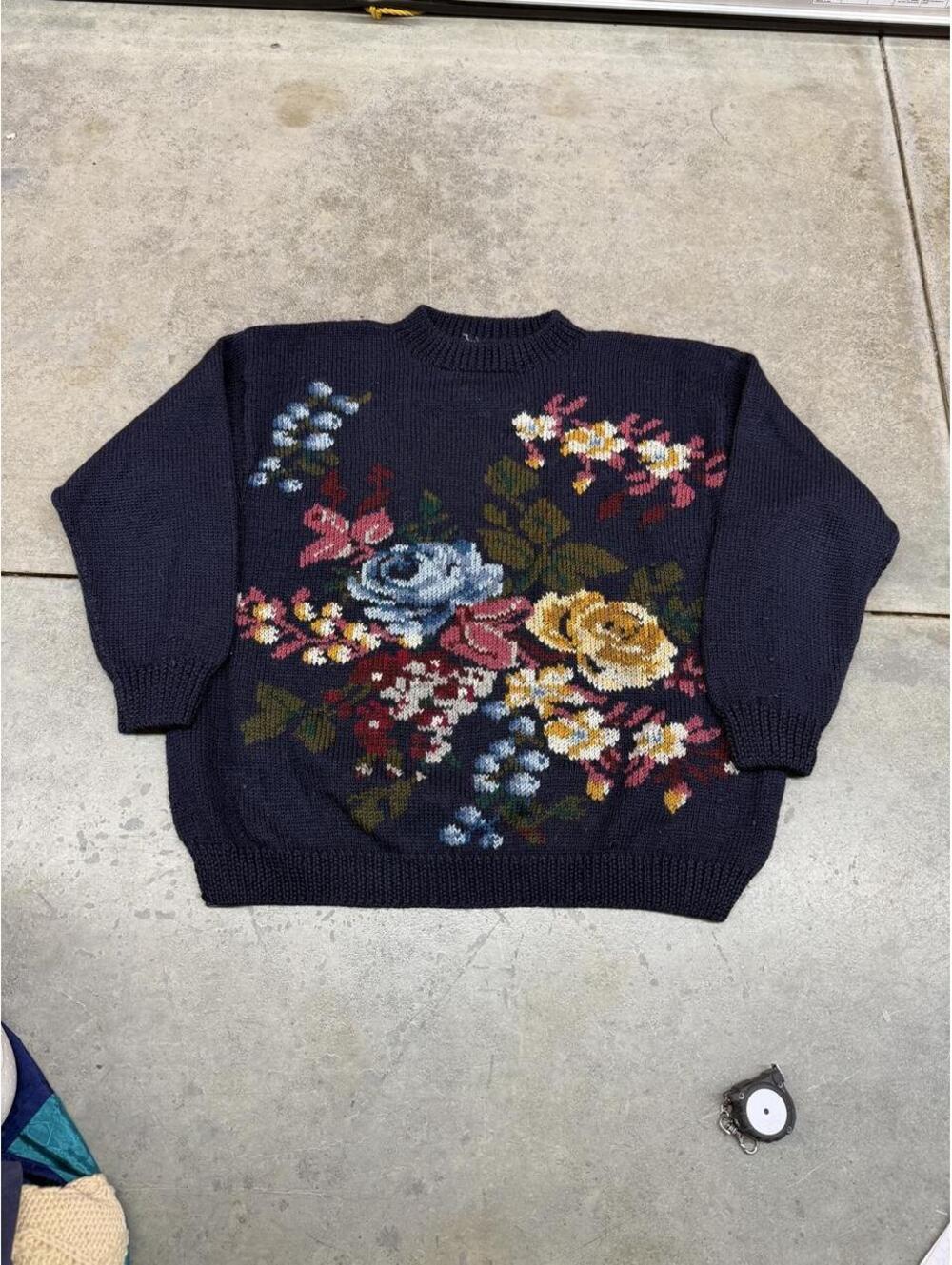 vintage flower knit navy blue colorful knit sweater size xl WOMENS